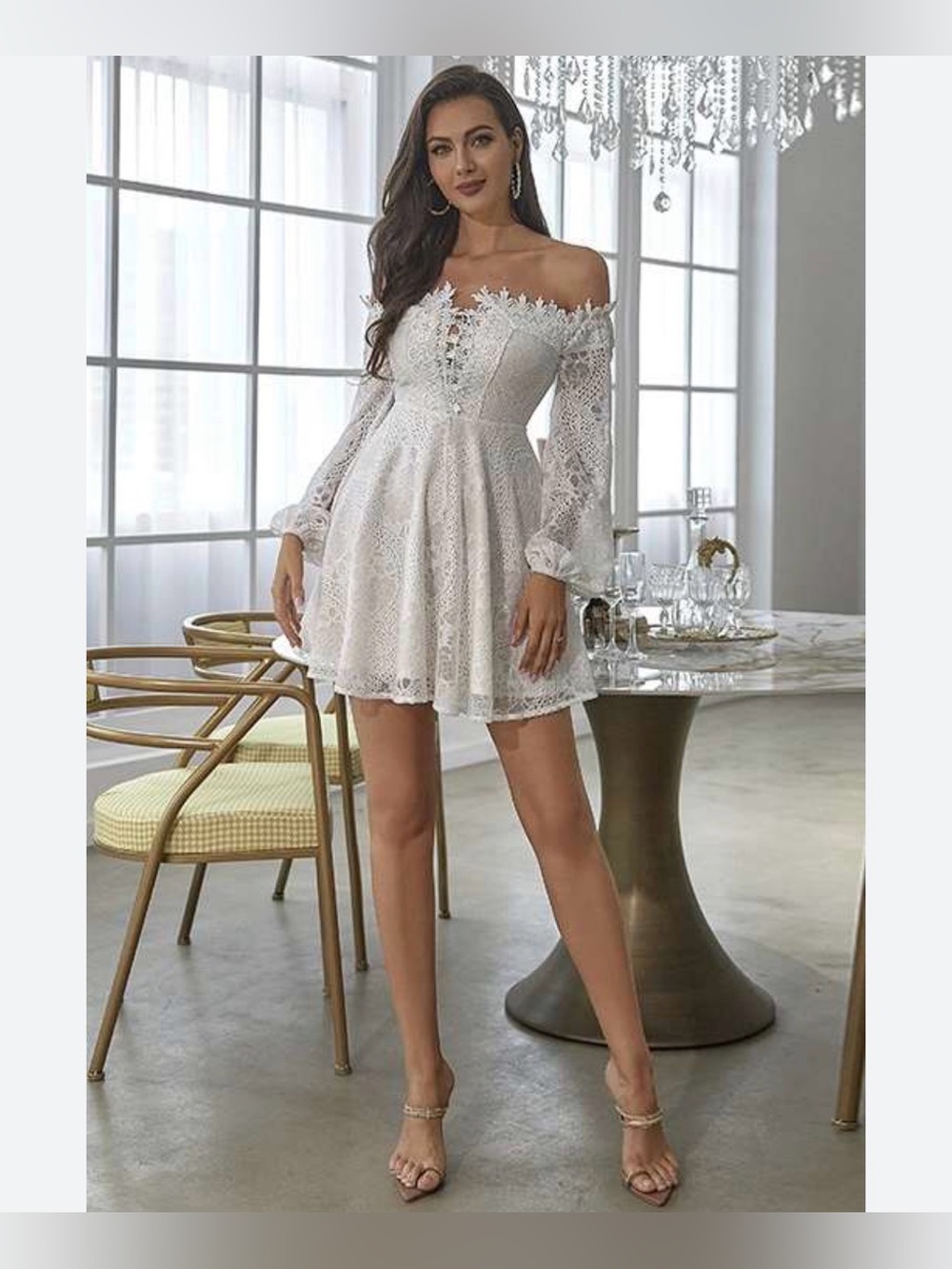 Off-White Lace Off-the-Shoulder Long Sleeve A-Line Party Dress size Small - Picture 2 of 13